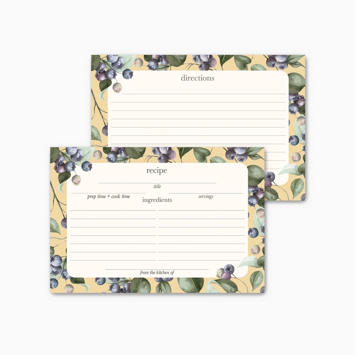 Butter Yellow Watercolor Blueberries Recipe Cards