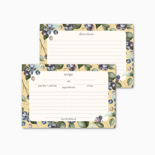 Butter Yellow Watercolor Blueberries Recipe Cards
