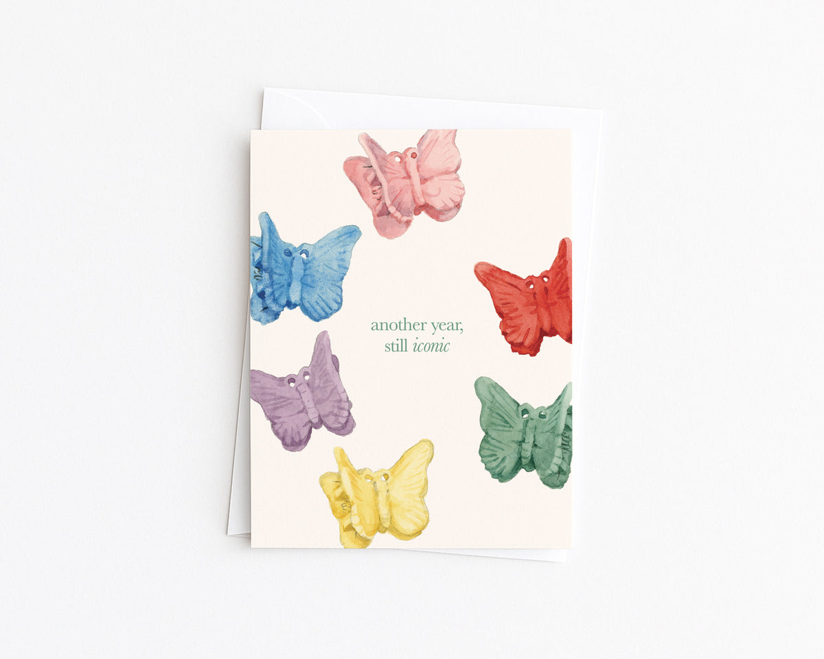 Another Year, Still Iconic Butterfly Clips Birthday Card