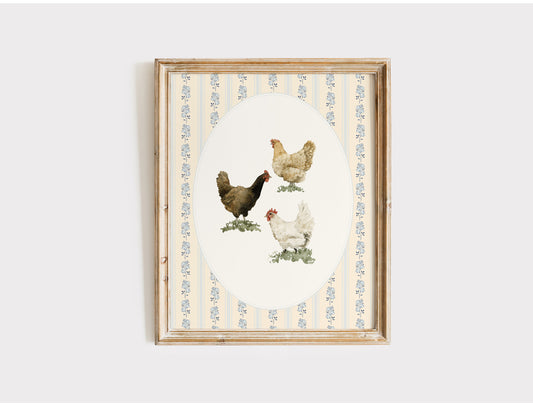 Watercolor Chickens & Floral Stripes Wall Art
